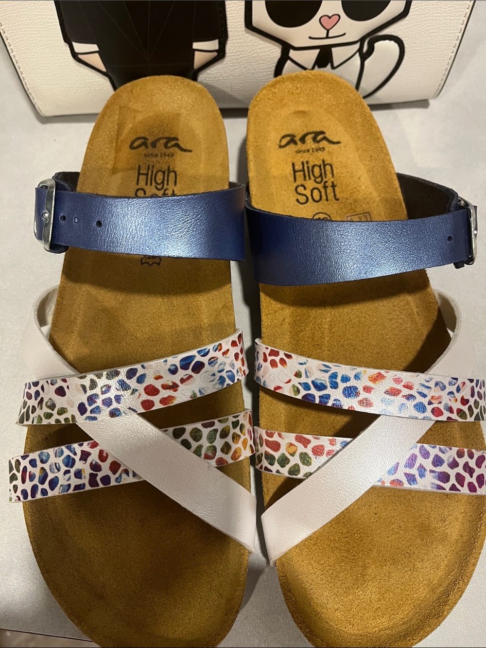Ara Women's White Slides with Blue Strap and Multicolor Speckle Straps